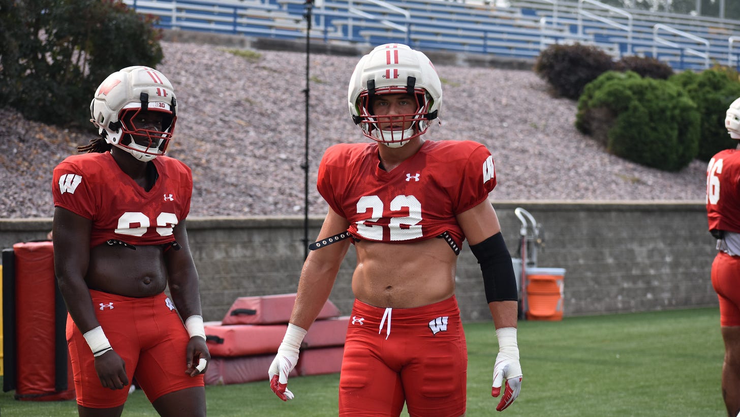 Wisconsin Badgers outside linebacker Mason Reiger participates in fall camp drills at UW-Platteville. Wisconsin Badgers outside linebacker Mason Reiger participates in fall camp drills at UW-Platteville.