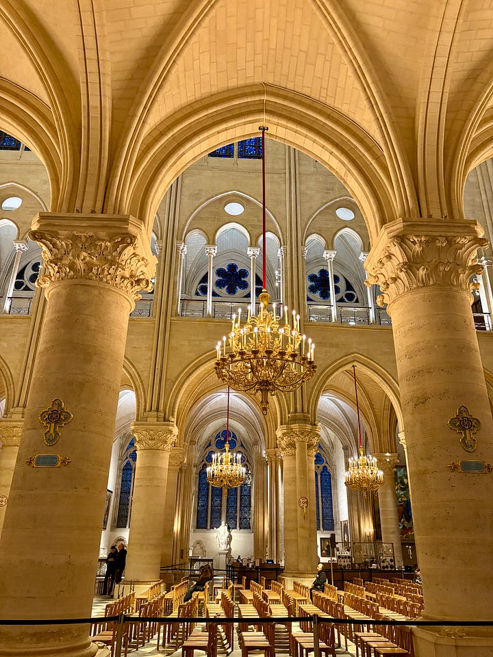 Photos of the interior of Notre-Dame Cathedral and Sainte-Chapelle.
