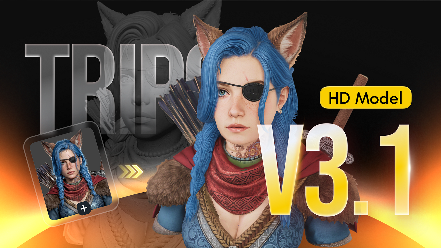 Tripo AI promotional banner for HD Model V3.1 featuring a detailed 3D character with blue hair and an eyepatch on a dark background