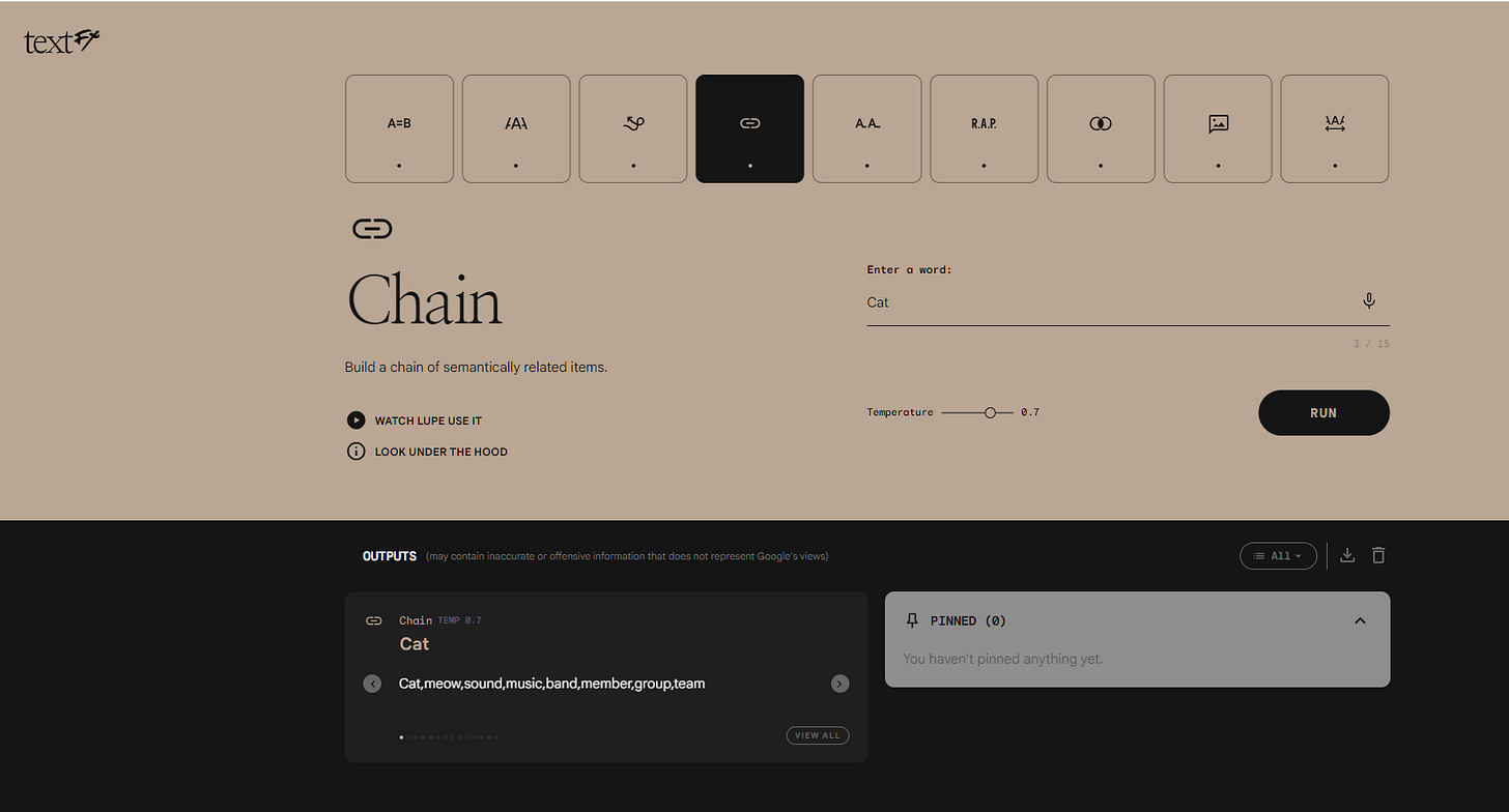 TextFX Experiment by Google that lets you create logical chains of words, alliterations ,and other literary devices