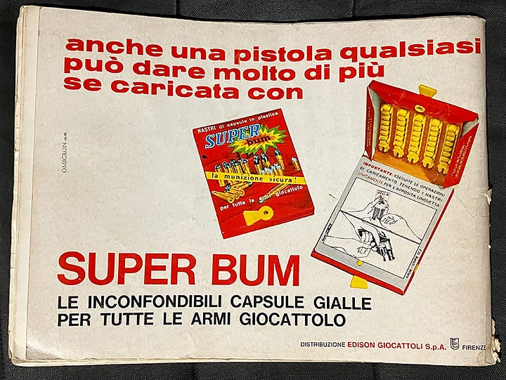 back page ads for toy guns in 70s Topolino comics