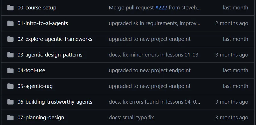 Folder structure of Microsoft’s AI agents GitHub course showing modules like RAG, tool use, and agentic frameworks