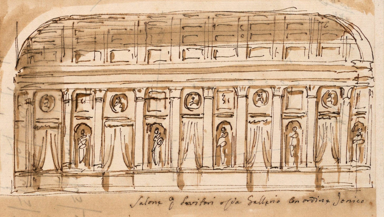 design for windows or wall in a hall or gallery, in pen and brown ink wash design for windows or wall in a hall or gallery, in pen and brown ink wash