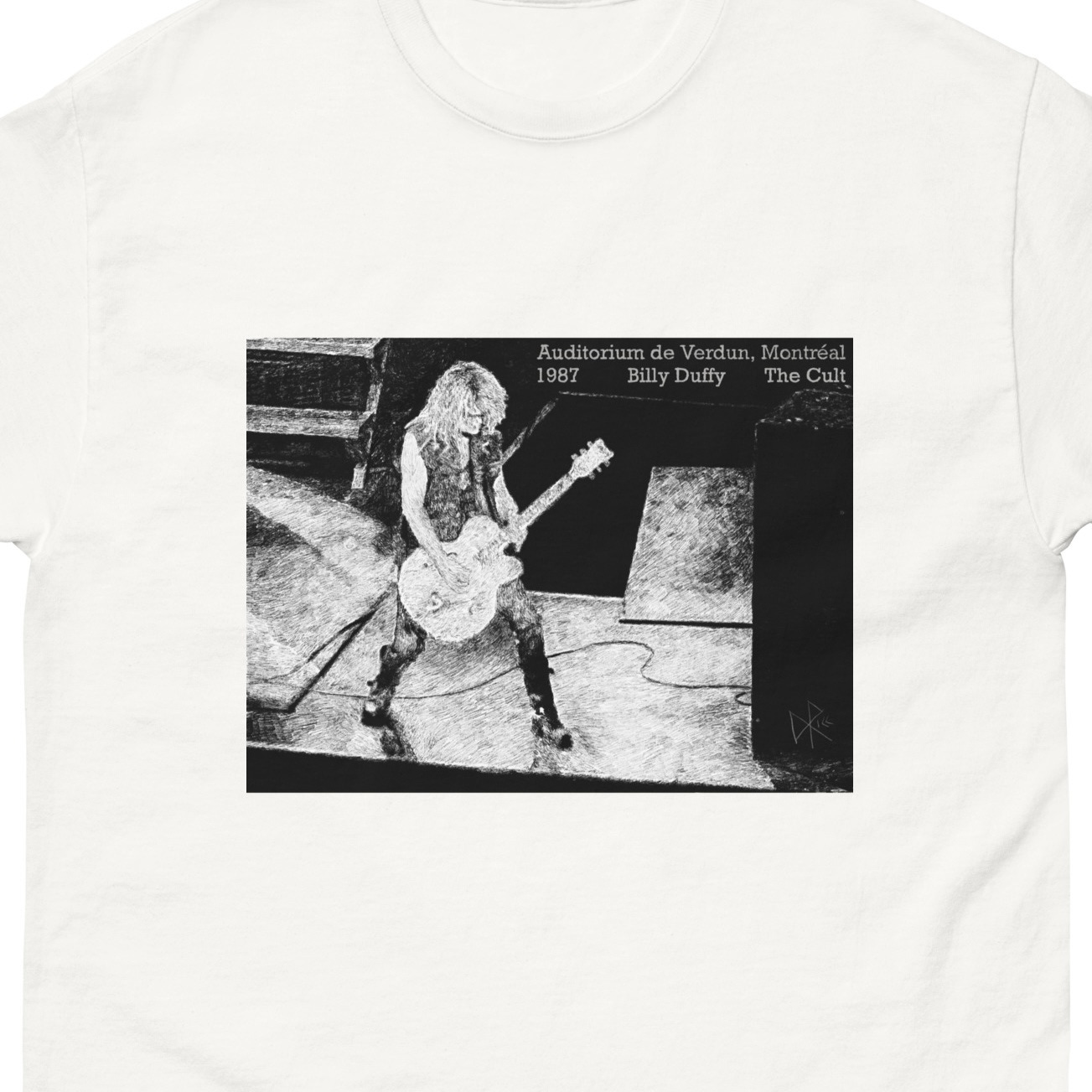 Billy Duffy stands on a stage during a concert, playing his Gretsch guitar. Sketch art by Don Rice.