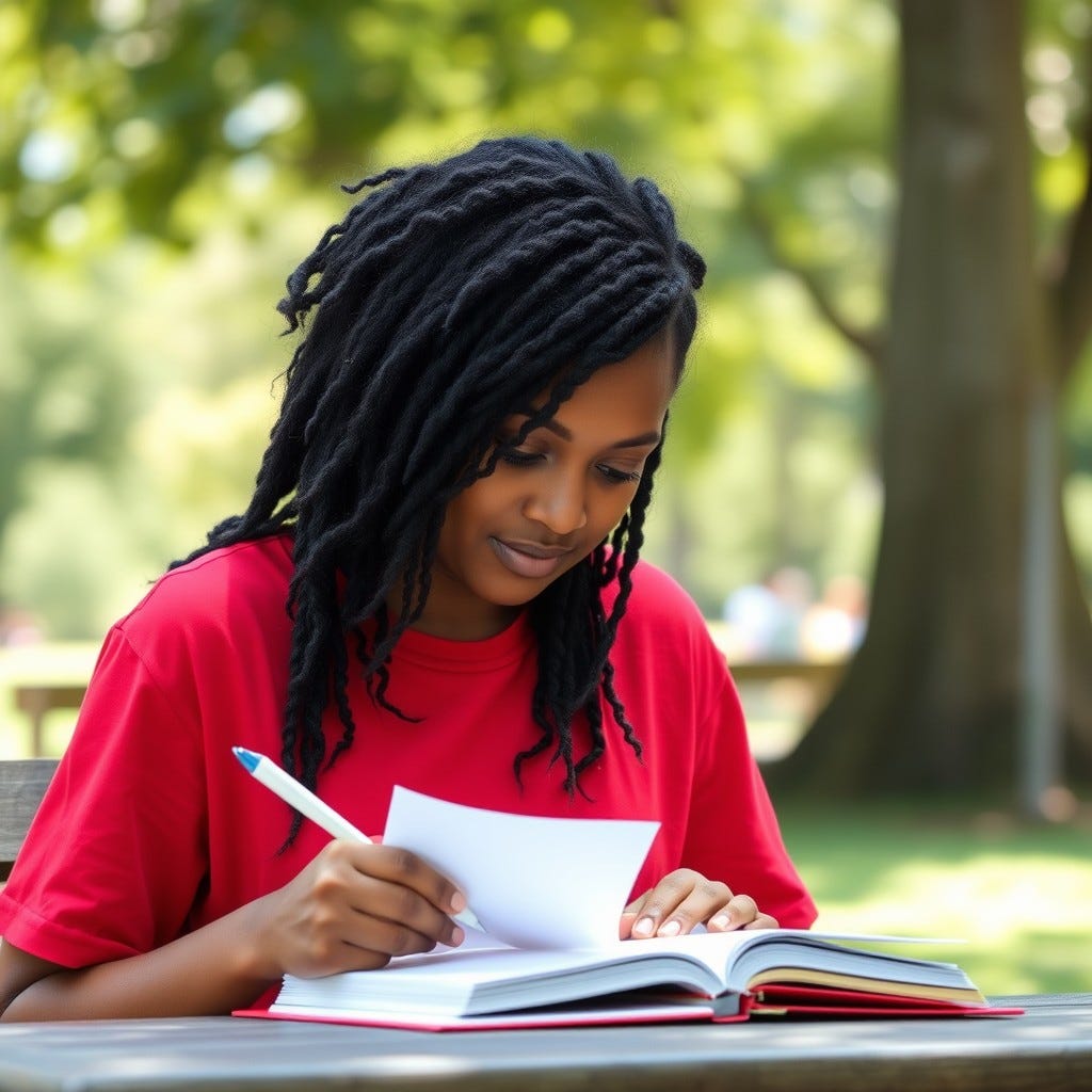 Young, youthful African American Woman wearing a red tshirt with all black hair writing a letter in the summertime in the park writing a letter