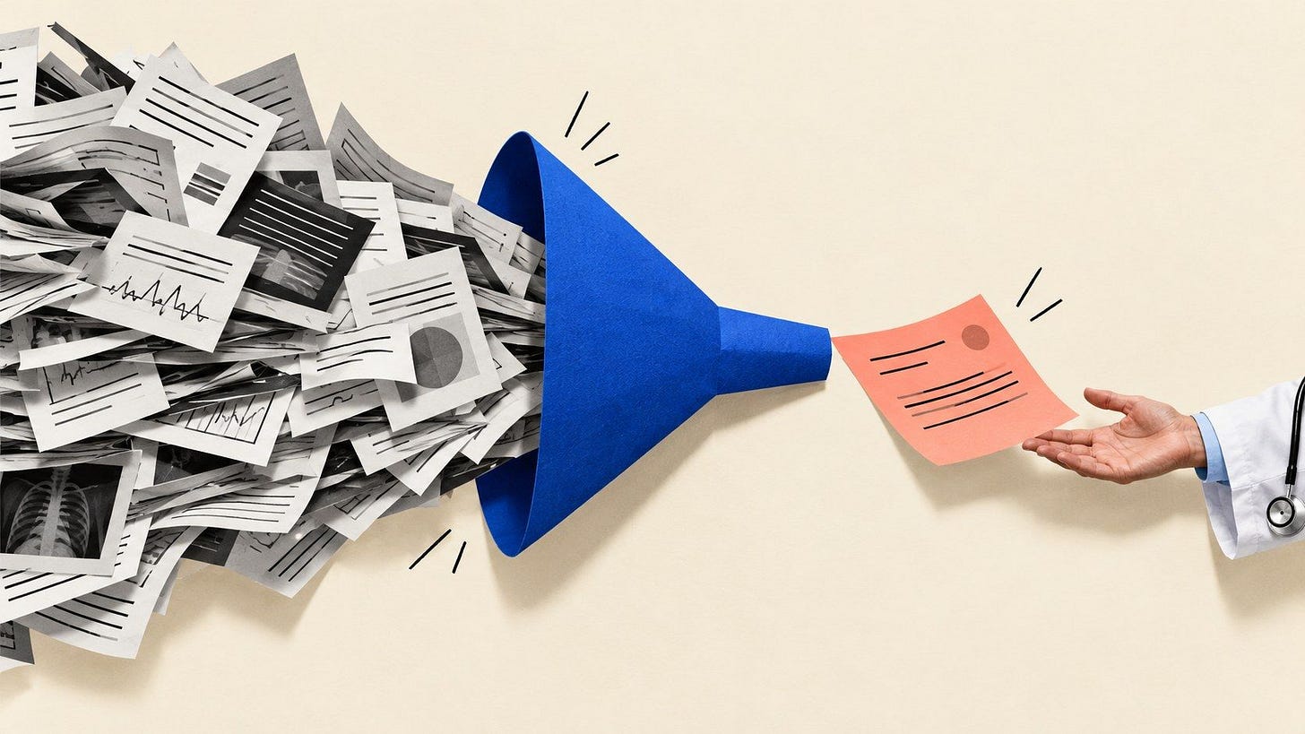 Stack of medical records funneled into a single summary handed to a physician Stack of medical records funneled into a single summary handed to a physician