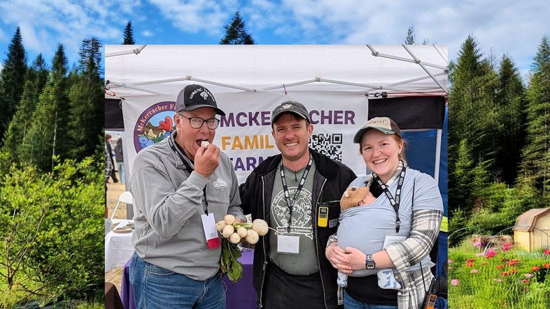 David McKerracher with Joel Salatin and family at the McKerracher Family Farm booth, Modern Homesteading Conference, Coeur d'Alene, Idaho.