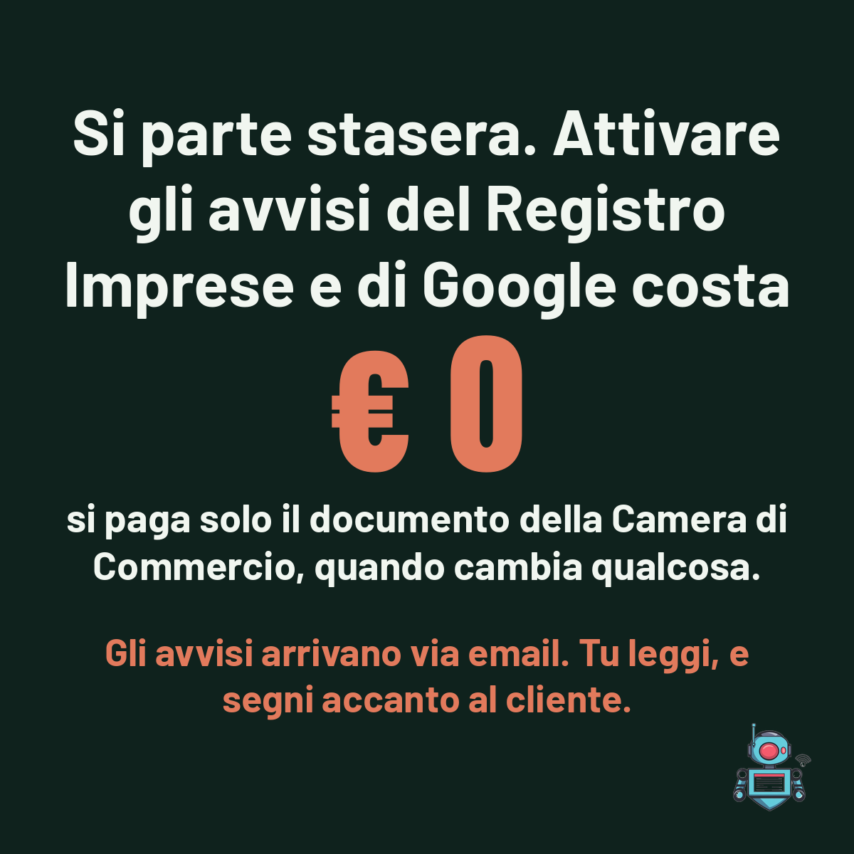 Numero grande € 0, attivare gli avvisi del Registro Imprese e di Google non costa niente, si paga solo il documento