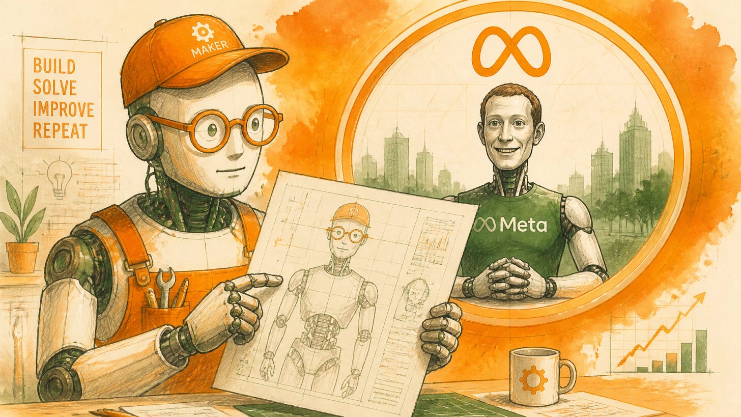 Maker robot holding a blueprint of himself while a Zuckerberg-like figure reaches from behind the Meta logo, illustrating the fight over AI likeness ownership and consent.