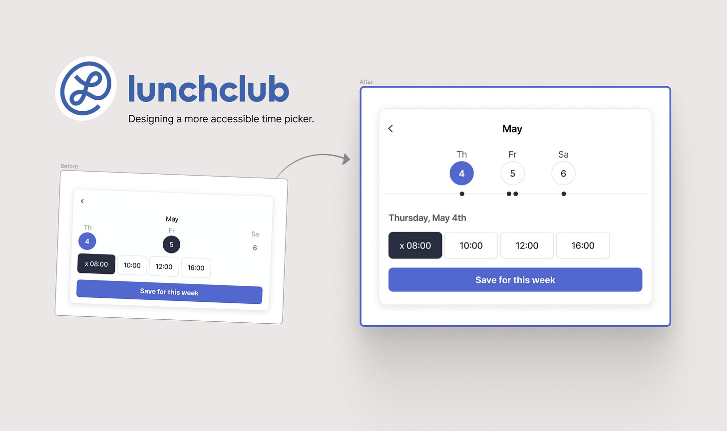 A dropdown calendar to schedule upcoming meetings in the following week. Available are three days with four time slots each. A button below says "Save for the week". A dropdown calendar to schedule upcoming meetings in the following week. Available are three days with four time slots each. A button below says "Save for the week".