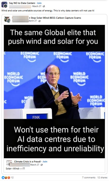 Screenshot of a man at the World Economic Forum with the caption "The same Global elite that push wind and solar for you Won't use them for their AI data centers due to inefficiency and unreliability"