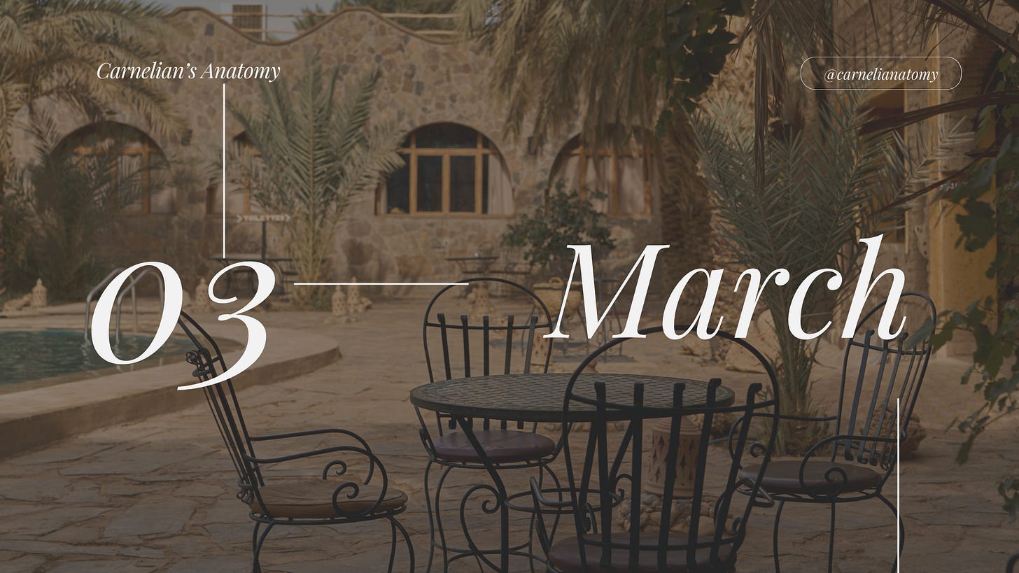 Pictured is a banner for the month of March. The top layer is the numerical month and our publication user name. The background is a pool patio with iron outside chairs, grown plants, and clay pot fixtures throughout the background.