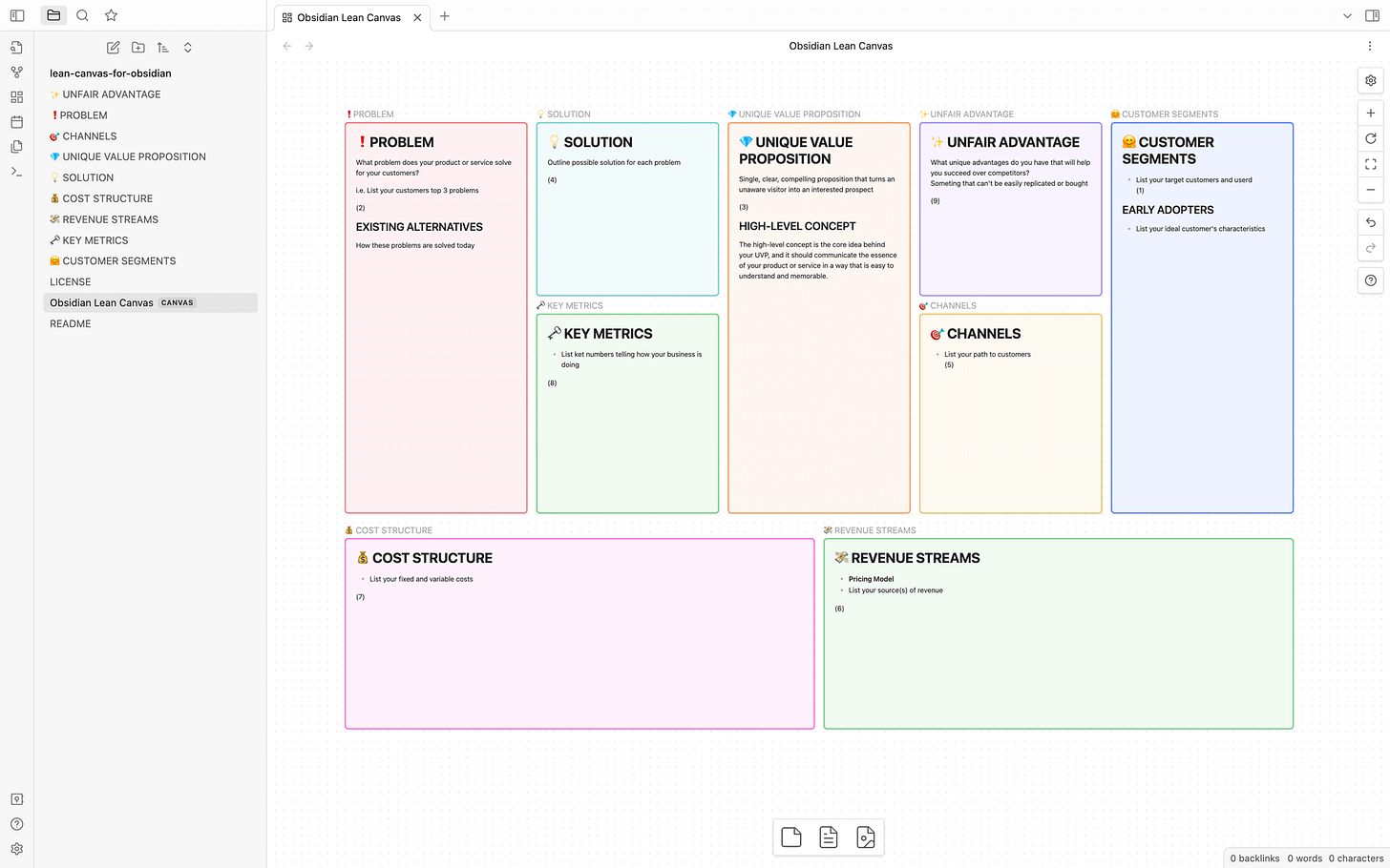 Lean Canvas Template for Obsidian, a one-page business plan template for Obsidian