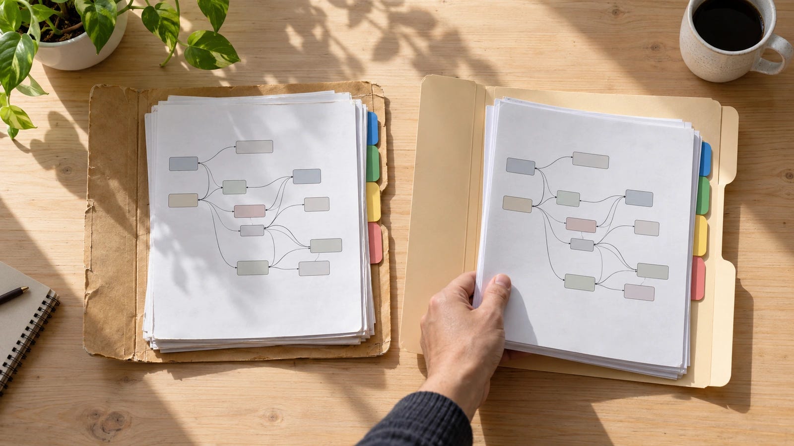 Conceptual photograph of matching paper node graphs in two folders, illustrating a complete ComfyUI migration with the original preserved.