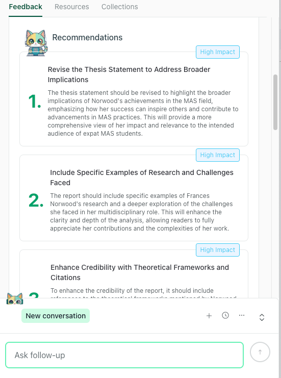 thesify Feedback sidebar showing a numbered list of High Impact recommendations with the Chat with Theo input box at the bottom.