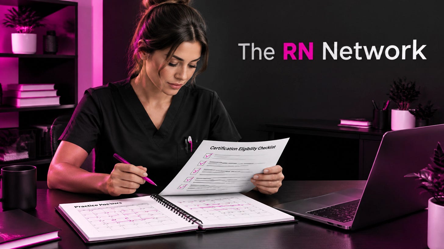 Nurse in black scrubs studying a certification eligibility checklist and practice-hour calendar