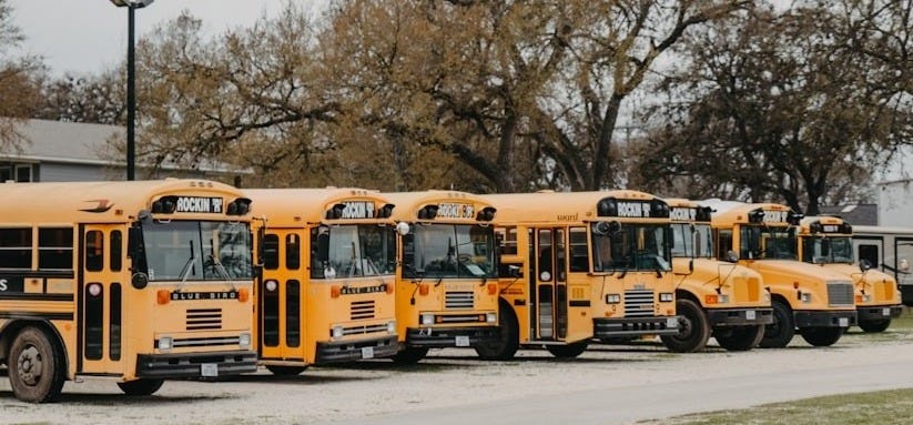 a row of yellow school buses parked next to each other