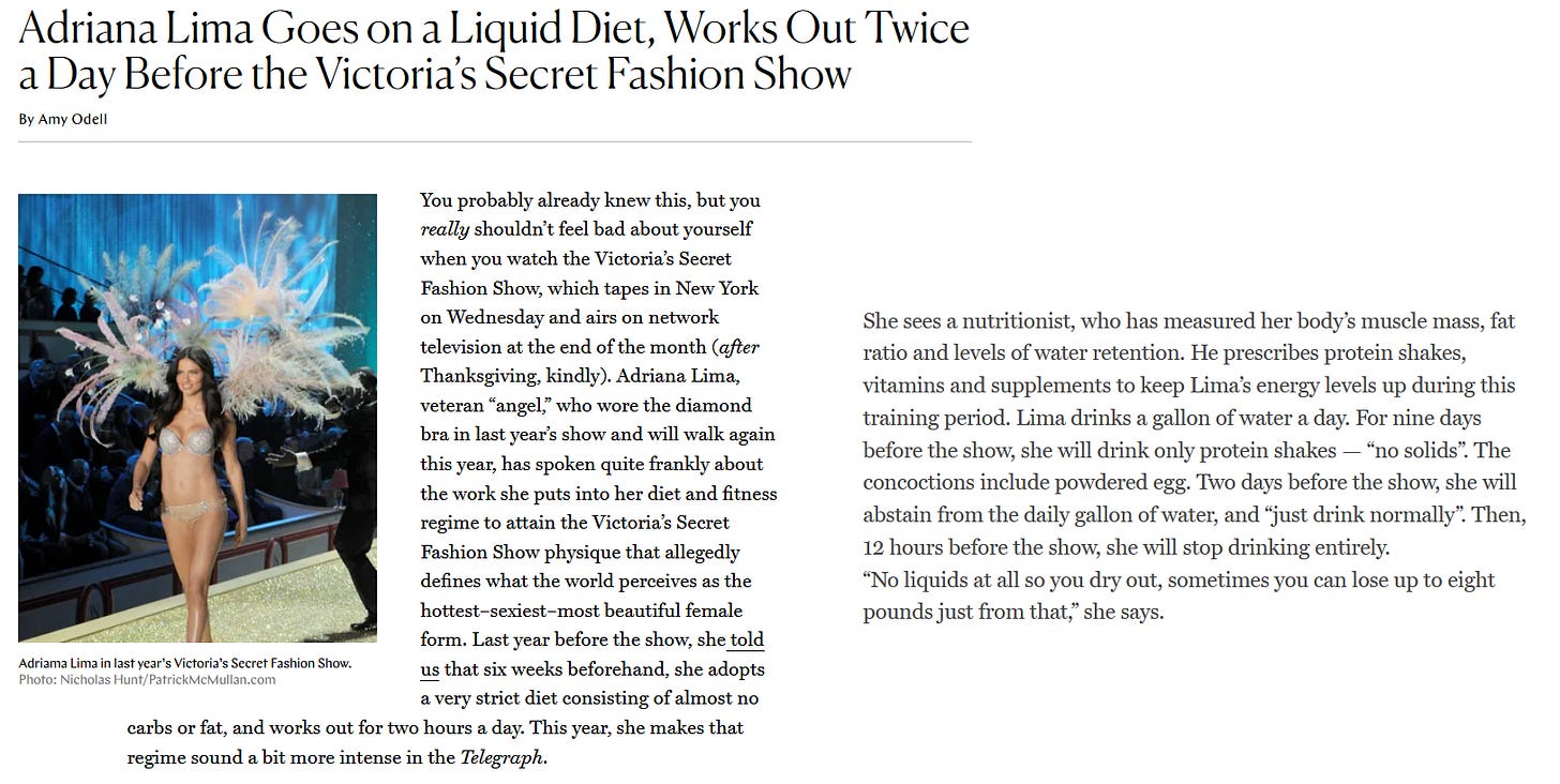 recorte da notícia do The Cut sobre a dieta da Adriana Lima para o desfile da Victoria’s Secret recorte da notícia do The Cut sobre a dieta da Adriana Lima para o desfile da Victoria’s Secret