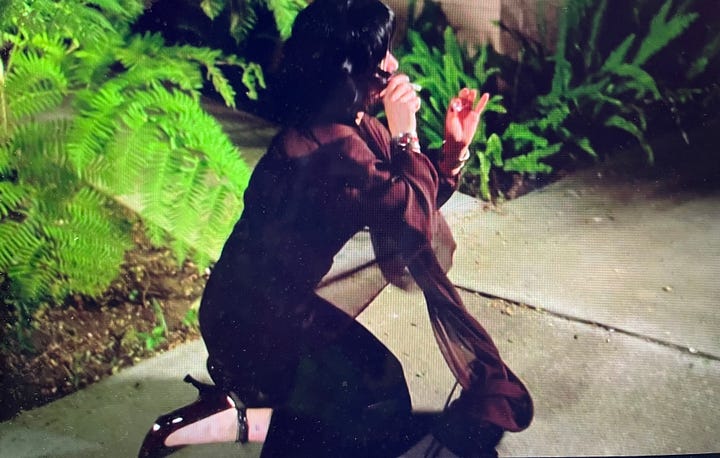 Left image is screenshot from Romy and Michele's High School Reunion featuring Heather Mooney on her knees to light her cigarette with another cigarette, dressed in her black dress for prom; right image is a cup of fresh-squeezed lemonade