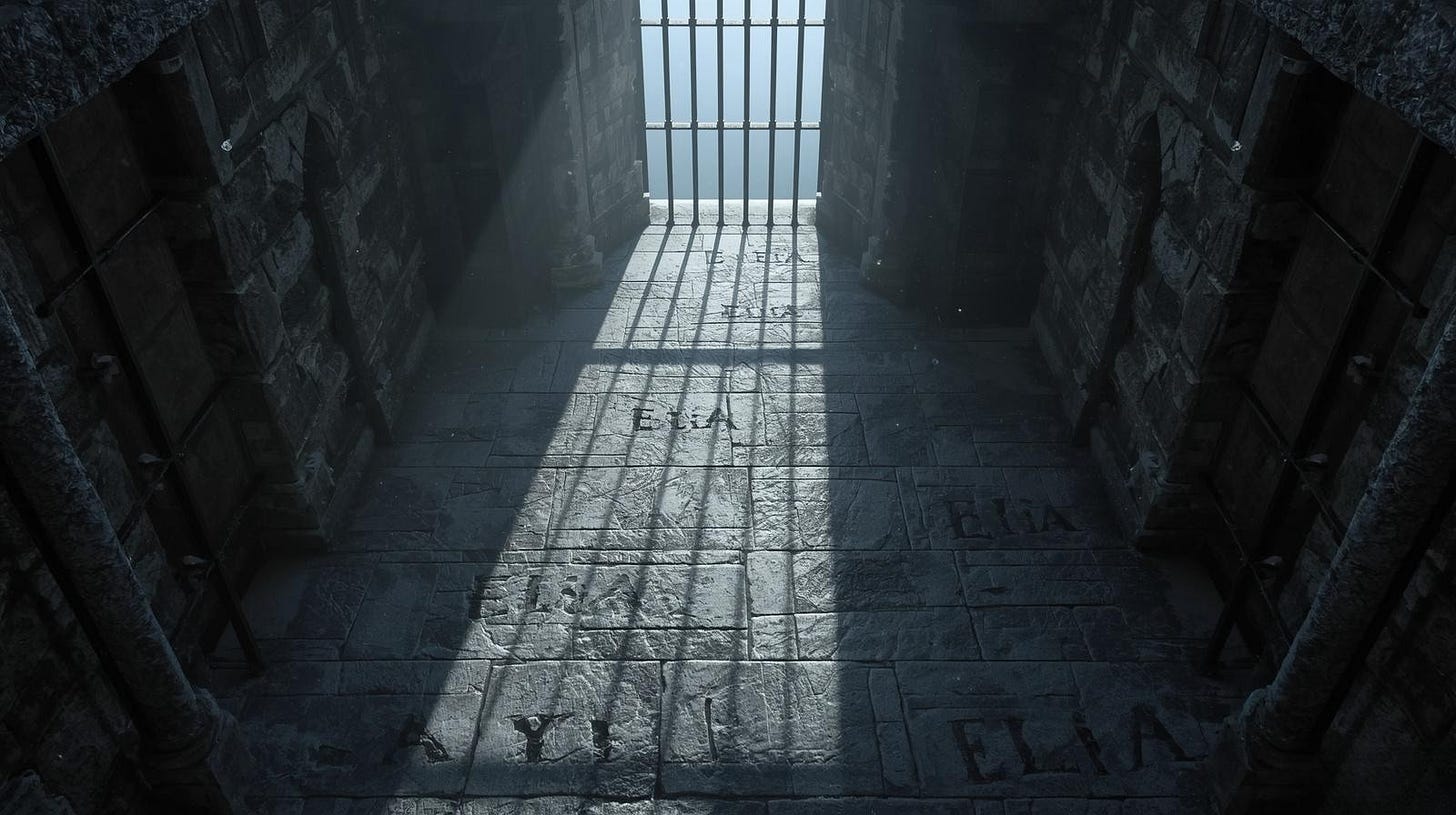 Sunlight streams through heavy iron bars into a shadowed, stone belfry tower. The name "ELIA" is carved repeatedly into the worn stone blocks covering the floor.