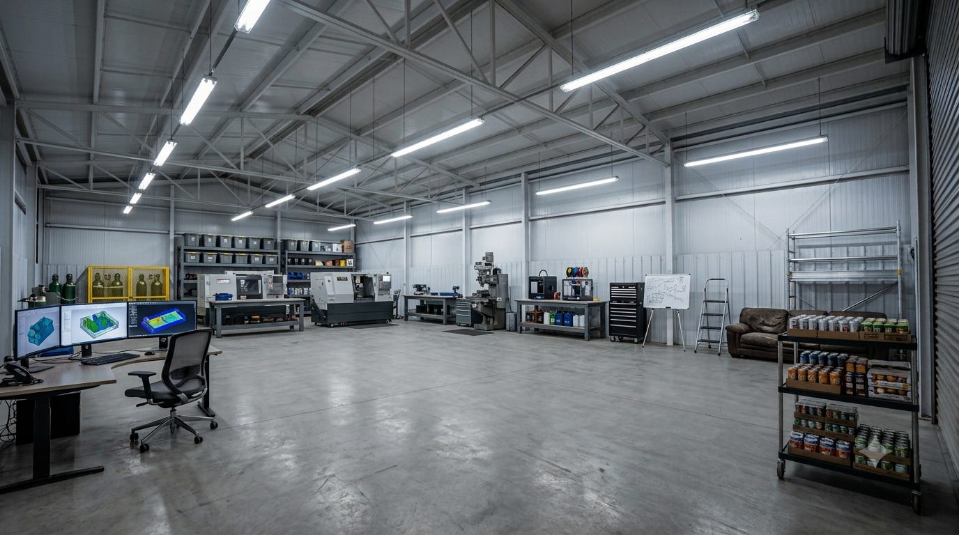 Warehouse interior with machine tools, storage racks, and a computer workstation, an old foldout couch in one corner.