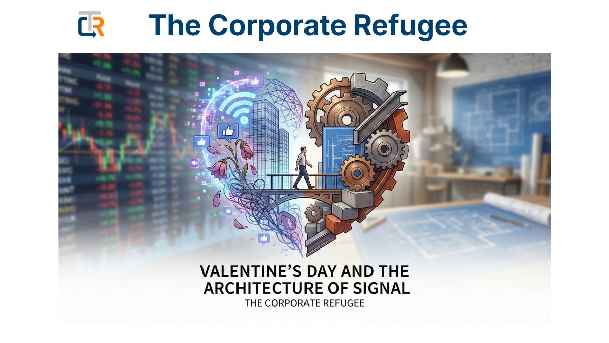 A conceptual illustration for "The Corporate Refugee" newsletter. A stylized heart center is split in two: the left side is a glowing tangle of fleeting digital signals, social media icons, wilting flowers, and corporate buildings; the right side is a solid, engineered structure of industrial gears, steel beams, and blueprints. A person in business attire walks across a bridge from the chaotic signal side toward the durable structural side. Title text below reads: "Valentine's Day and the Architecture of Signal.