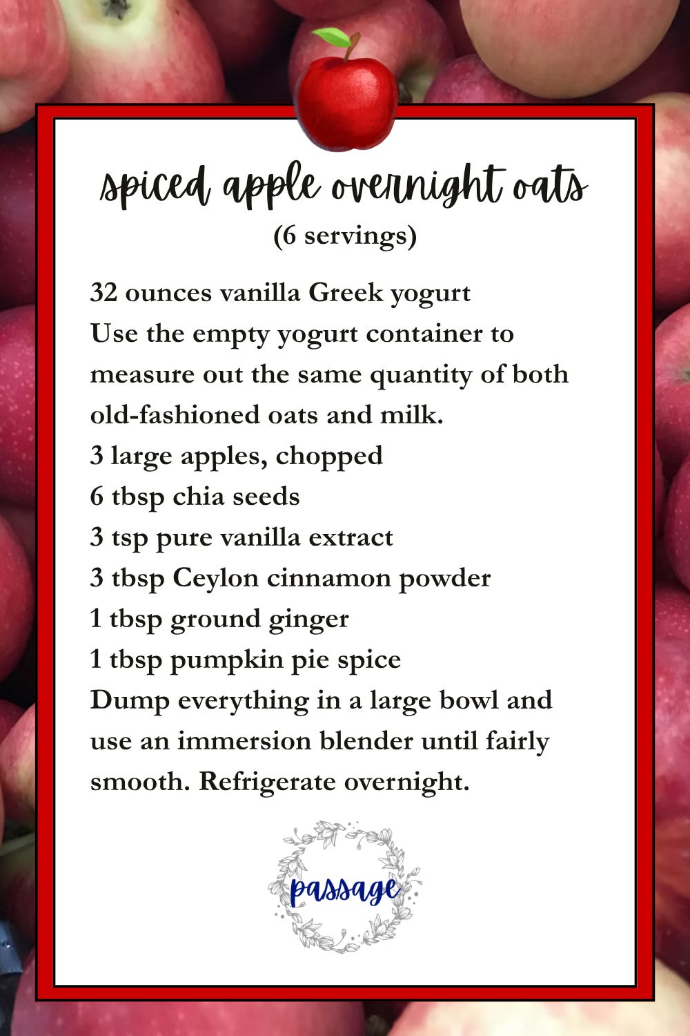apples in the background, recipe ingredients and brief instructions in the overlay