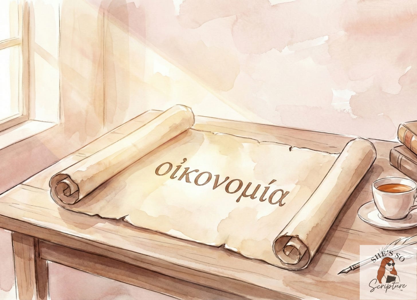 Watercolor illustration of an open scroll with Greek text, symbolizing the biblical word study of oikonomia and its meaning in Scripture. Watercolor illustration of an open scroll with Greek text, symbolizing the biblical word study of oikonomia and its meaning in Scripture.