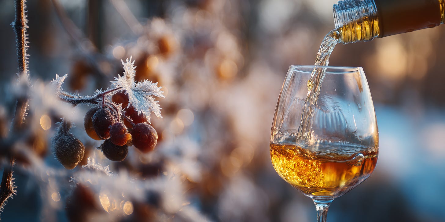 Golden Canadian ice wine being poured into a crystal glass with frozen vines in the background.