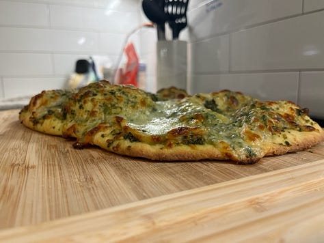 a full pie, designed in the form of an oval (oops!). then, the side view of the pie, with dough bubbles. finally, a thin square slice with crust layers in sight.