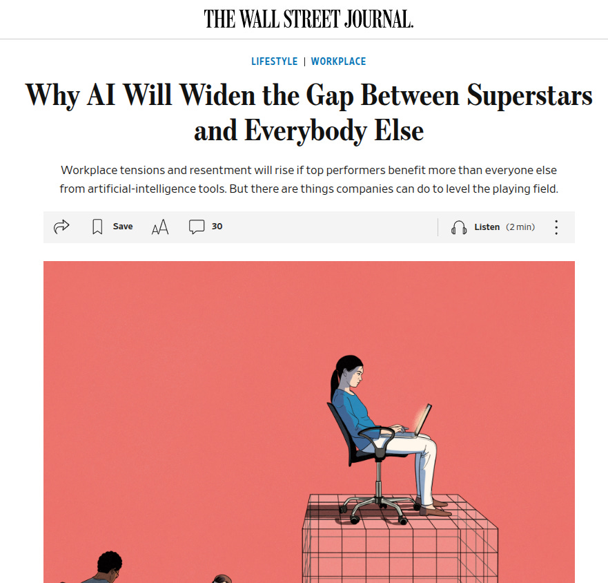 Styled illustration on a red background featuring a woman in a blue shirt and white pants seated at a desk with a laptop on a tall platform resembling a pedestal. Below the platform, two men in suits stand looking up, one gesturing with arms raised. The scene depicts workplace hierarchy and performance disparity related to AI usage.