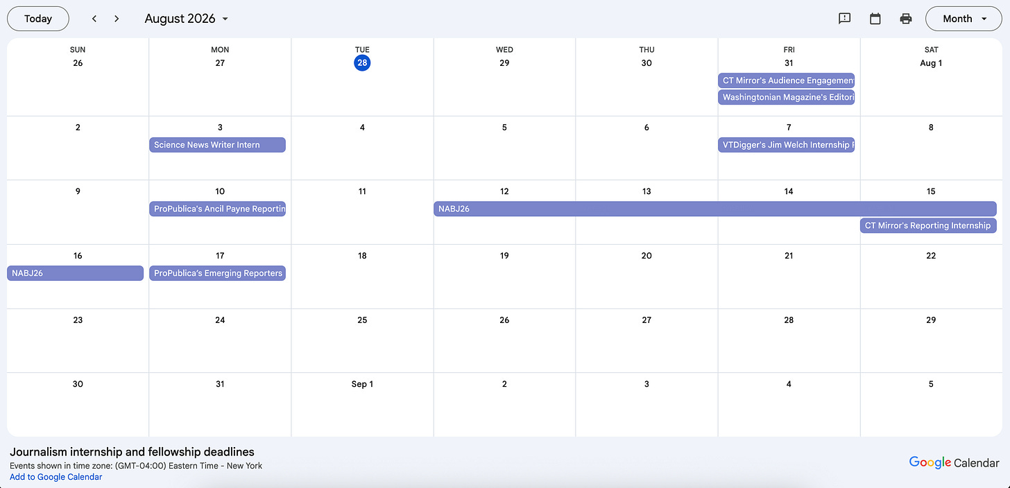 A calendar shows dates for internships and fellowships including from ProPublica, CT Mirror, Science and more.