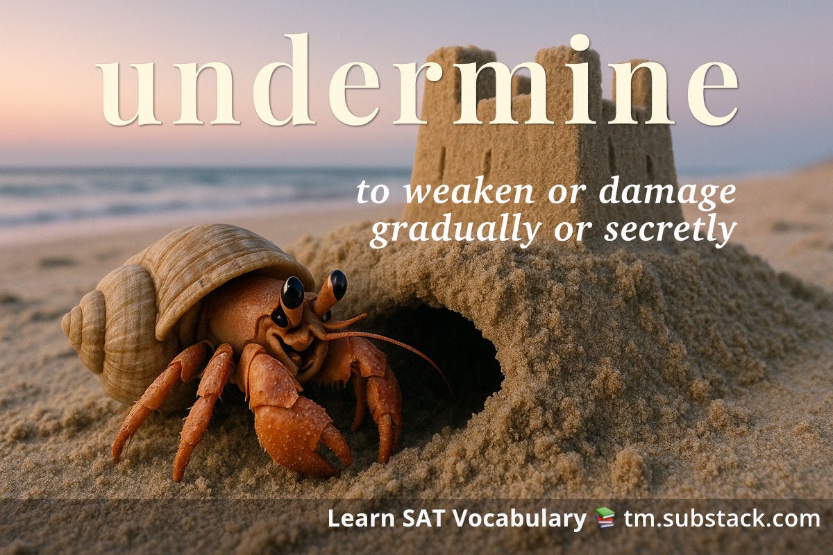 Illustration of a hermit crab digging beneath a sandcastle; used to illustrate the SAT word 'undermine'.