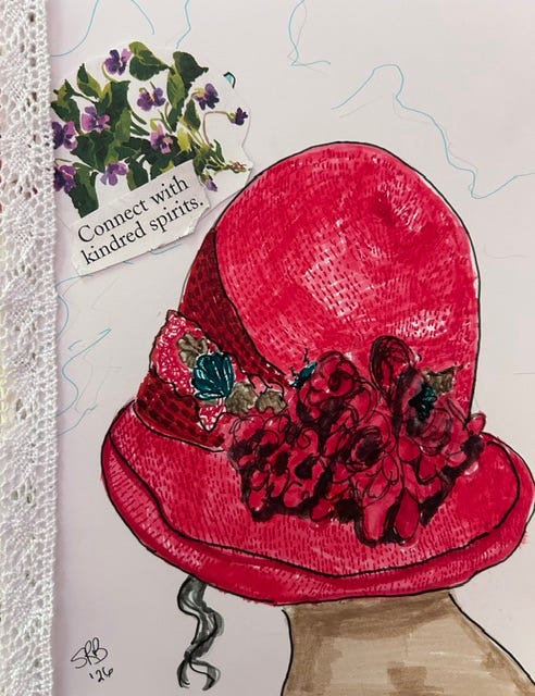 Woman wearing a hat with flowers and the words "connect with kindred spirits" pasted against a spray of violets and some lace running down the left side of the picture