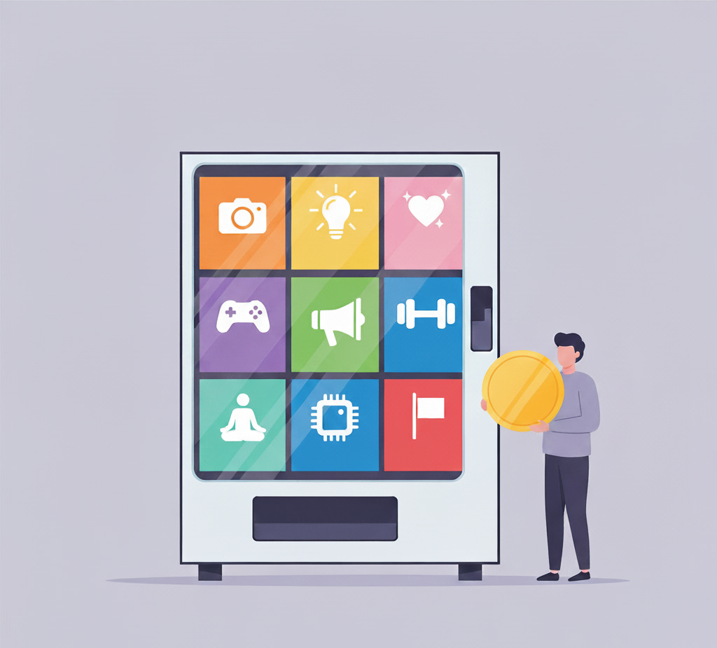A flat, minimal illustration of a vending machine filled with nine identity icons—creator, thought leader, soft-aesthetic, gamer, activist, fitness, wellness, tech, and political personas. A person holds a large coin labeled “validation/engagement,” symbolizing how modern identity is selected from pre-made cultural presets. Visual metaphor for persona drift and identity compression.