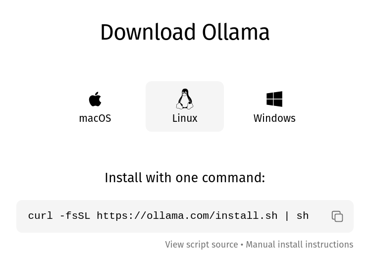 Download Ollama webpage with icons for apple, linux, and windows, and a code command for installation