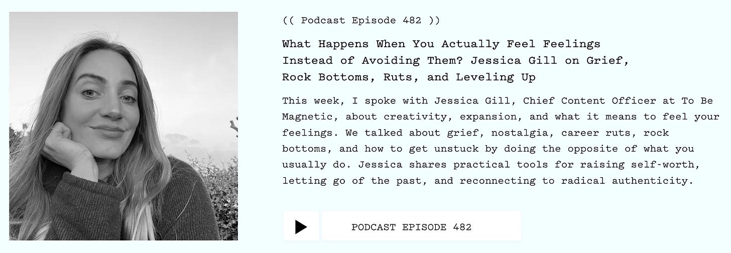 https://letitouttt.com/podcasts/what-happens-when-you-actually-feel-feelings-instead-of-avoiding-them-jessica-gill-on-grief-rock-bottoms-ruts-and-leveling-up/