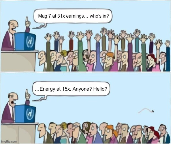 Cartoon meme showing investors excited to buy the Magnificent Seven tech stocks at 31x earnings while ignoring energy stocks priced at 15x earnings, highlighting market concentration and undervaluation in the energy sector.