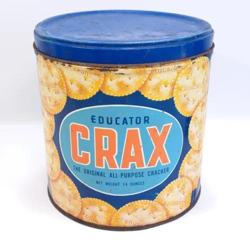 VINTAGE RARE EDUCATOR CRAX 14 OZ. ALL-PURPOSE CRACKER TIN MEGOWEN LOWELL, MASS - Picture 1 of 11