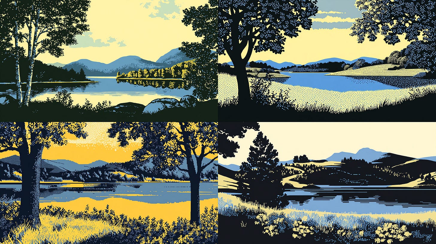 SW 50. /imagine prompt: an illustration of a landscape with a lake, blue and yellow — sref 4188538948 — sw 50 — ar 16:9 — v 6.1 SW 50. /imagine prompt: an illustration of a landscape with a lake, blue and yellow — sref 4188538948 — sw 50 — ar 16:9 — v 6.1