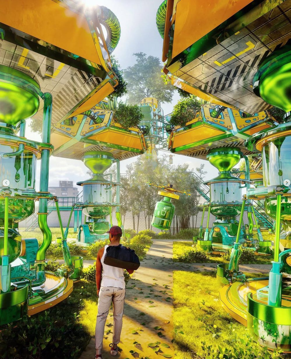 A walkway betwixt large ambigous futuristic eco/biopunk technology. A man with a tanktop and a duffel bag is walking amidst them.