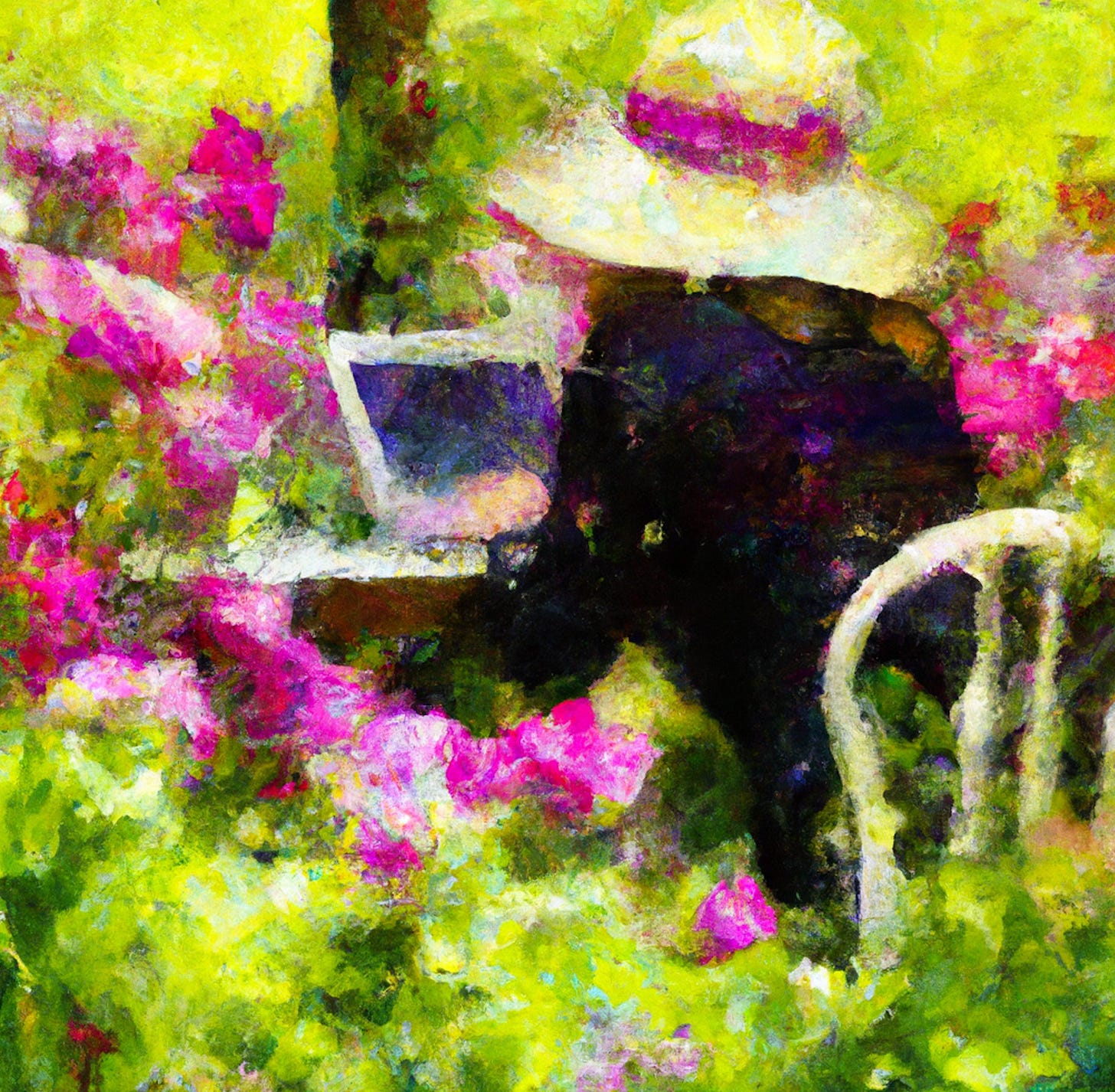 Dall-E generated image: impressionist painting of a woman working on a laptop in a garden full of flowers