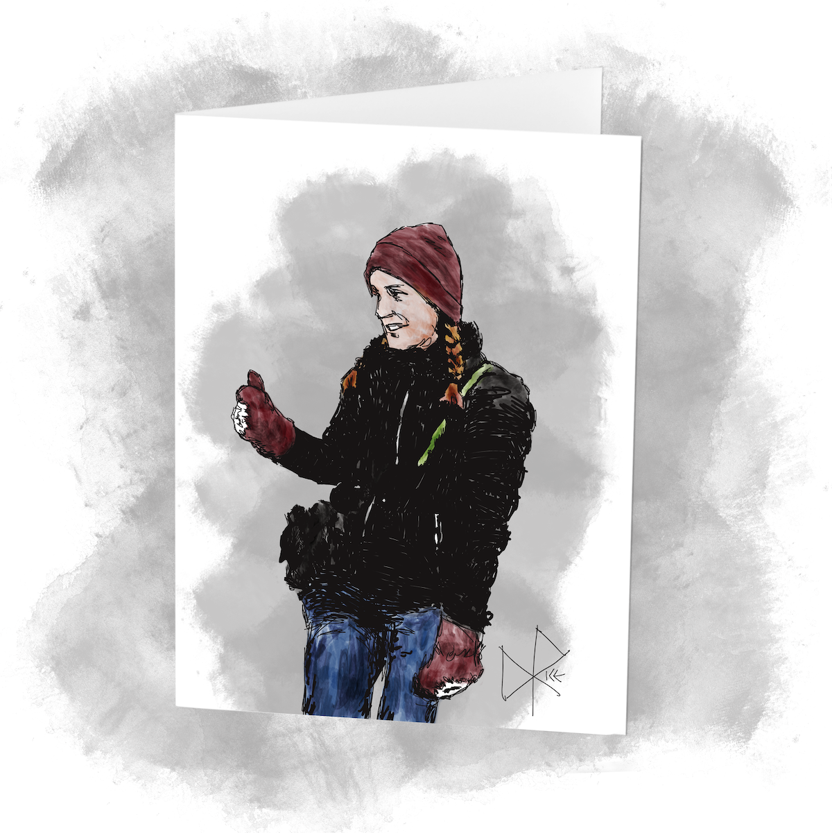 A smiling woman in a winter coat and red Canadian mitts and toque. Sketch art by Don Rice.