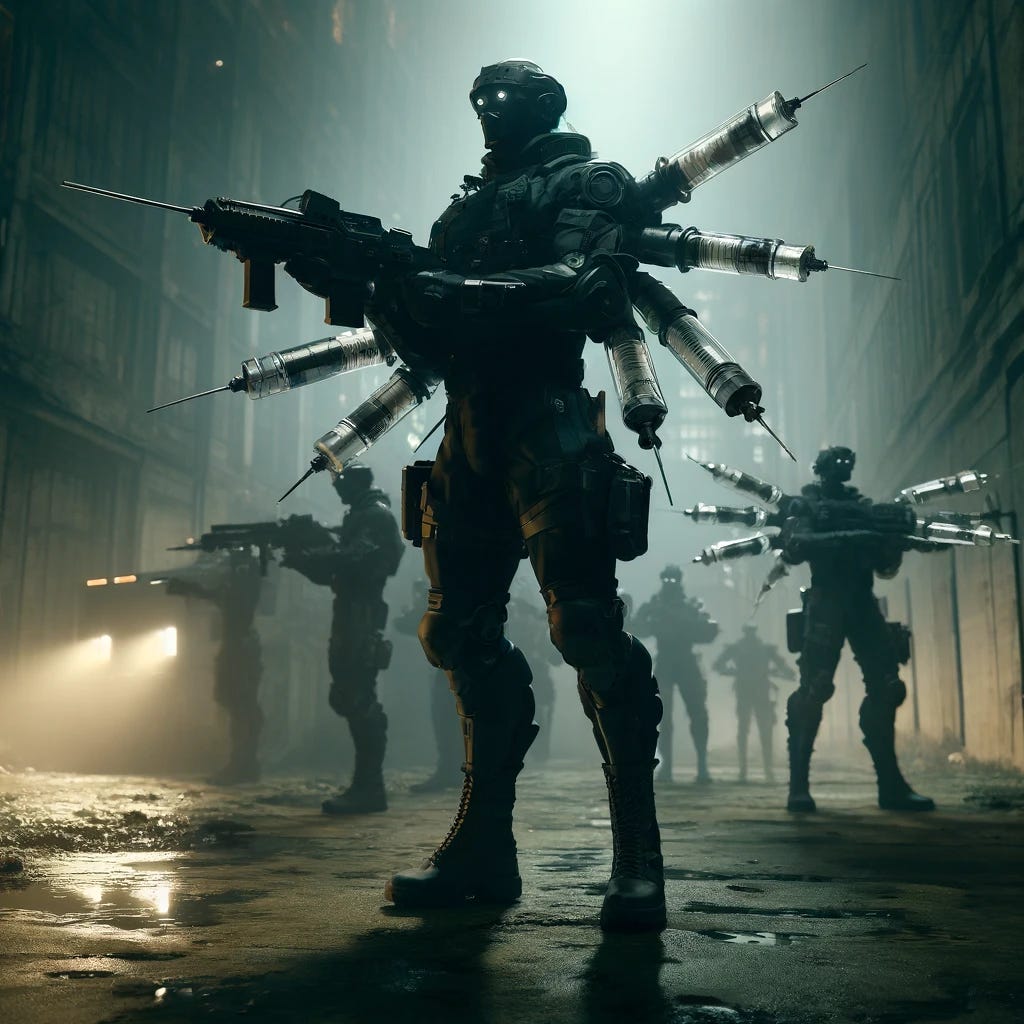A futuristic scene depicting soldiers wearing black combat uniforms, but instead of normal arms, they have mechanical arms shaped like large syringes. The setting is a dimly lit urban landscape, with the eerie glow of streetlights casting long shadows. The soldiers are positioned in a tactical formation, conveying a sense of stealth and danger. The background features abandoned buildings and a misty atmosphere, enhancing the dystopian feel of the scene. A futuristic scene depicting soldiers wearing black combat uniforms, but instead of normal arms, they have mechanical arms shaped like large syringes. The setting is a dimly lit urban landscape, with the eerie glow of streetlights casting long shadows. The soldiers are positioned in a tactical formation, conveying a sense of stealth and danger. The background features abandoned buildings and a misty atmosphere, enhancing the dystopian feel of the scene.