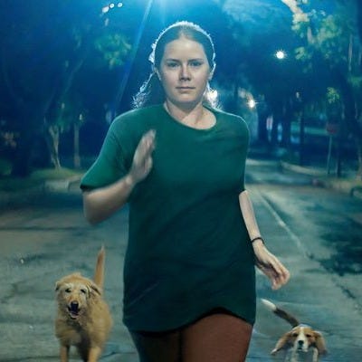 An image from the movie Nightbitch, showing the main character (Amy Adams) running in the dark with a pack of dogs.