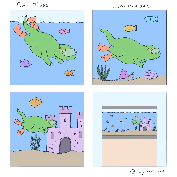 Tiny T-Rex is snorkeling past colorful fish. Tiny T-Rex passes a snail and a shell. Tiny T-Rex swims into a purple underwater castle. Tiny T-Rex is in a fish tank.