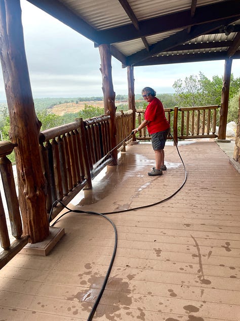 Photos of the gals painting, pressure washing, staining, and sorting laundry.
