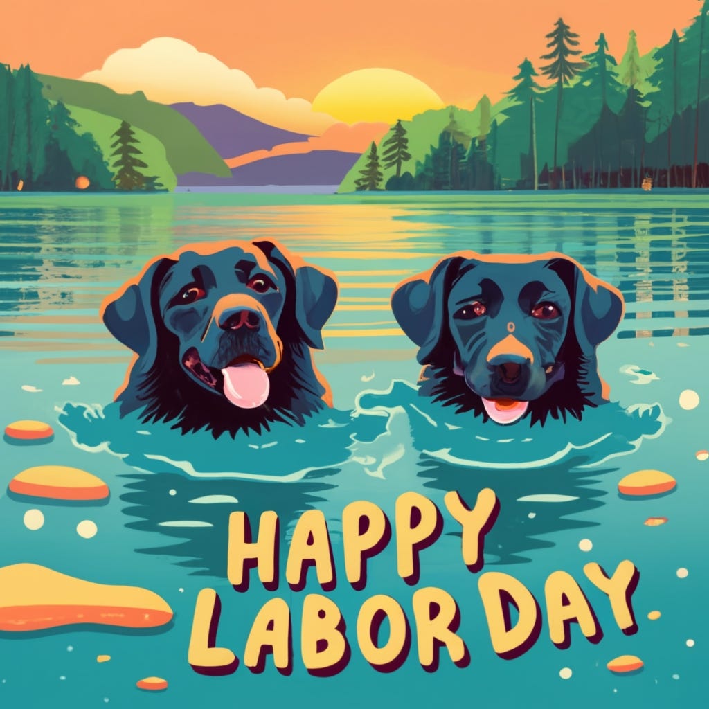 Two labrador dogs swimming in a lake in the forest during the sunset