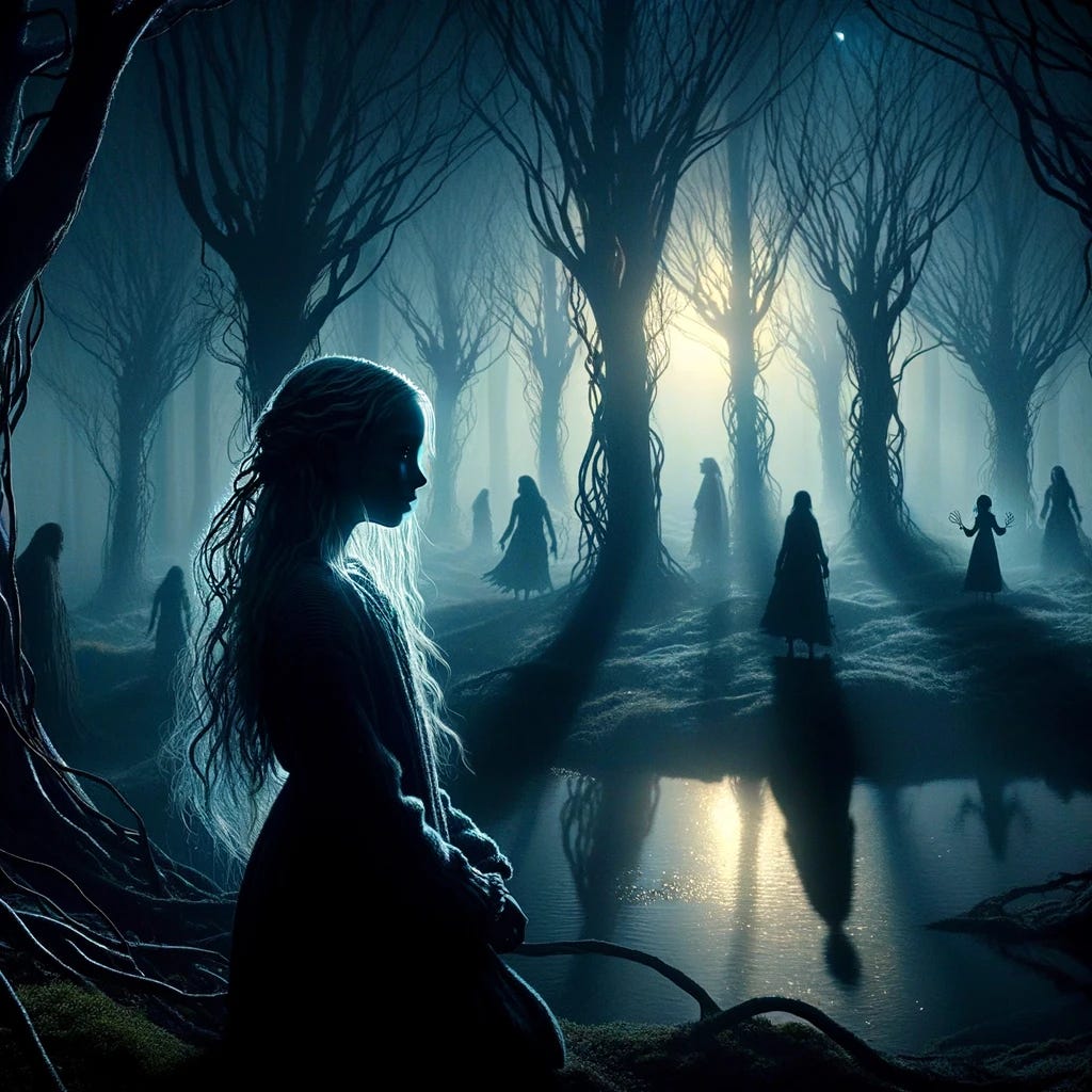 In a mystical and emotionally resonant scene set in the Weeping Woods, Elara, an eleven-year-old girl, is depicted as a silhouette in a secluded glen at twilight. The glen is home to the Whispering Shadows, mysterious figures that echo the thoughts of visitors. Elara, with her hair like woven silver strands, stands amidst these shadows, her silhouette capturing both a sense of wonder and a hint of future complexity. The shadows around her take on ethereal forms, reflecting her thoughts back to her and creating an atmosphere of introspection and self-discovery. The dim light of twilight casts long, intricate shadows, symbolizing the depth and nuances of her character. This scene captures a pivotal moment where Elara begins to understand the value of diverse perspectives, foreshadowing her journey towards wisdom and the challenges of her evolving personality.