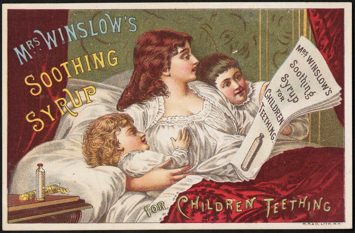 Advertising image for Mrs Wilmslow's Soothing Syrup showing a mother lying in bed with two happy children
